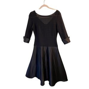 JS Collection Women's Textured Striped Satin Midi A-Line Dress Size 8 Black